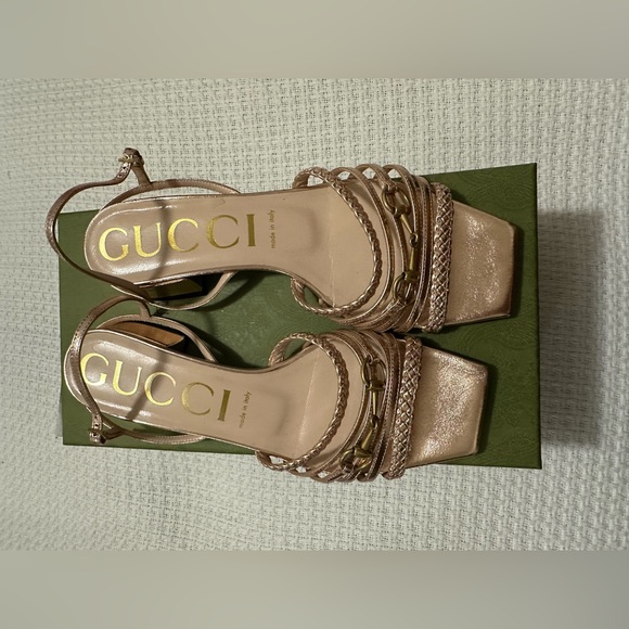 Authentic Gucci Women’s Horsebit Salmon Pink Metallic Leather Strap Logo Sandals - Picture 12 of 13